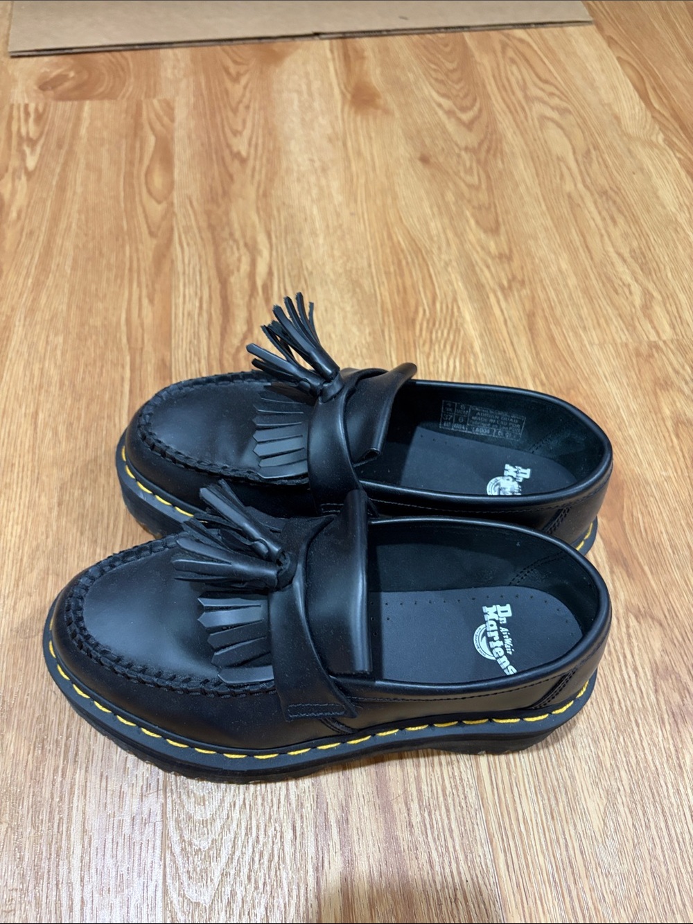 Dr. Martens Kids Black Leather Tassel Kiltie Loafers with Yellow Stitch